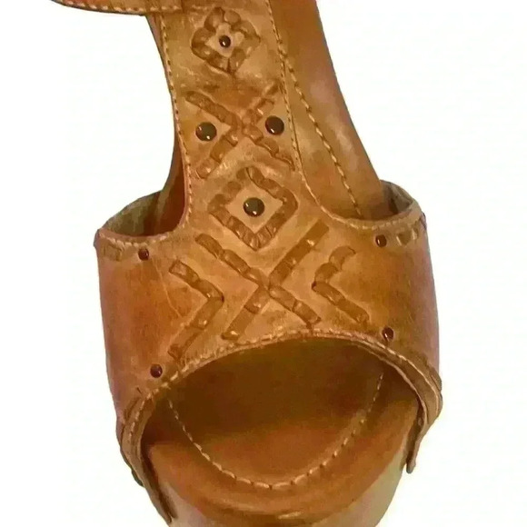 FRYE Fran X Stich Women Platform Brown Leather Wooden Heels Sandals Size 8.5 M - Picture 11 of 11